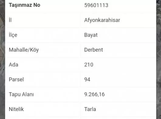 Afyon bayat derbent mahallesinde satlık tarla