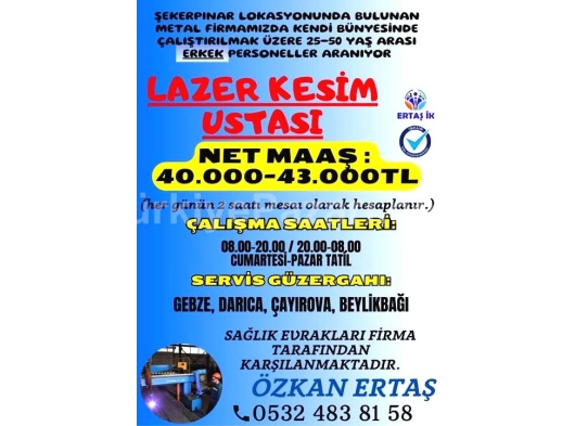 MONTAJ BÖLÜMÜNDE ÇALIŞACAK 25-45 YAŞ ARASI ERKEK