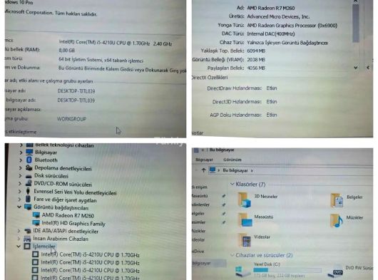 TOSHİBA İ5 5.NESİL 8GB RAM 2GB HARİCİ 4GB DAHİLİ TOP.6GB E.KARTI 240GB SSD HD 4SAAT ŞARJ TEMİZ SRNSZ