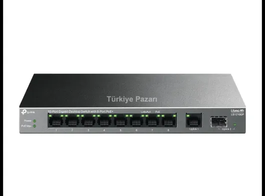 TP-LINK LS1210GP, Green Tech, 8 Port Gigabit, PoE 61W, 1 Port Gigabit Uplink, 1 Port Gigabit SFP, Yönetilemez Masaüstü Switch
