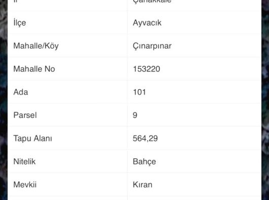 ÇANAKKALE AYVACIK ÇINARPINAR KÖYÜ MÜSTAKİL TAPULU MUAZZAM TARLA 564 M