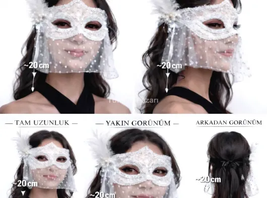 Beyaz Dantel Tüllü Peçeli Parti Maskesi – Tüylü İnci Detaylı