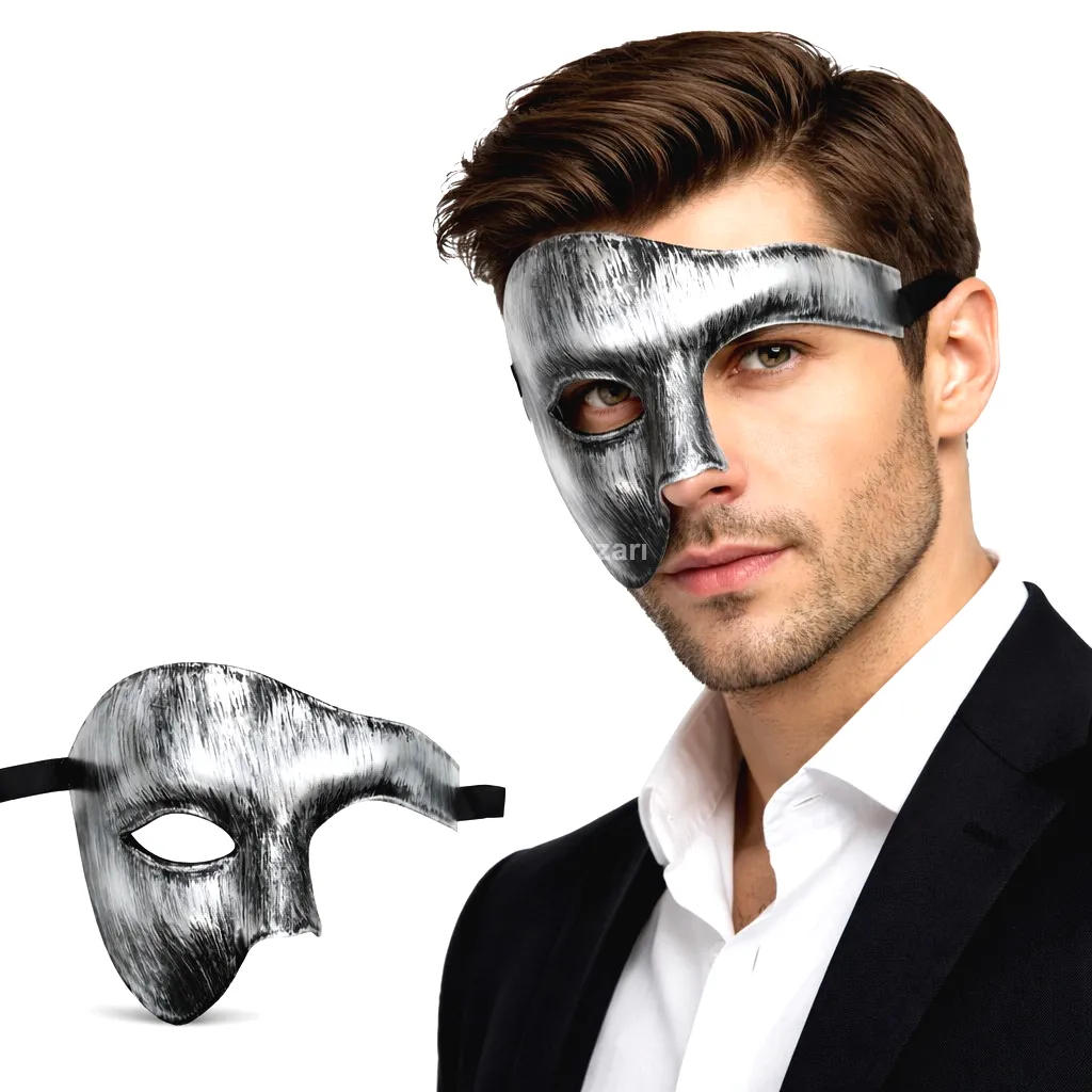 Antik Eskitme Gümüş Erkek Yarım Maske - Phantom & B Maskesi