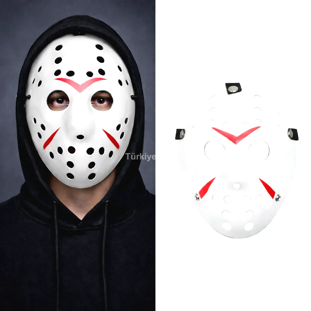 Beyaz Renk Kırmızı Çizgili Tam Yüz Hokey Jason Maskesi Hannibal Maskesi