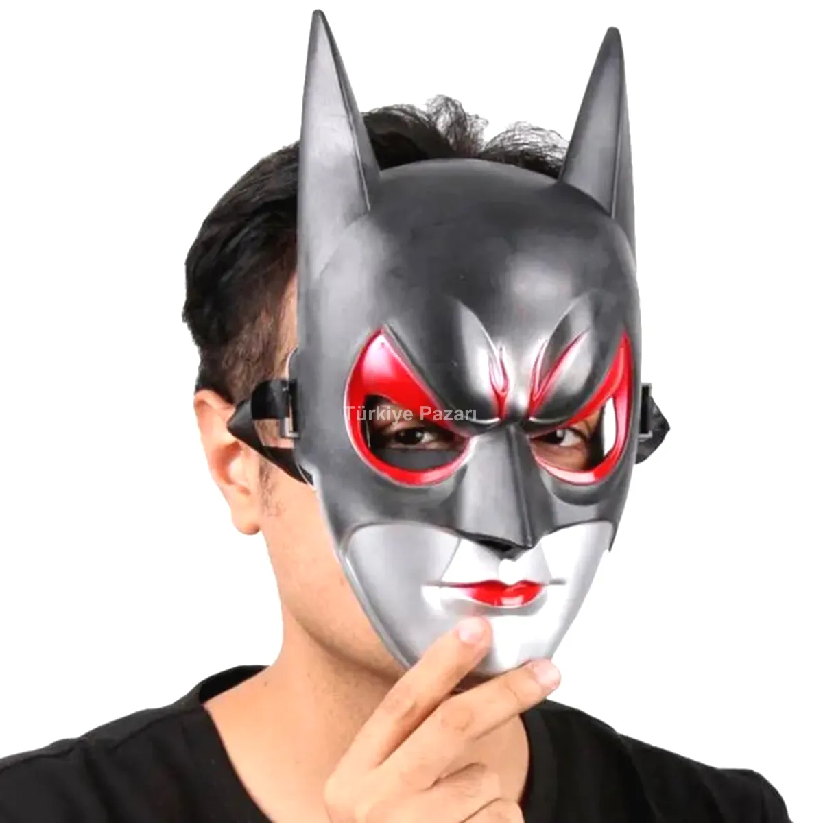 Kırmızı Gözlü Siyah Batman Maske - Lastikli Batgirl Maskesi 28x17 cm