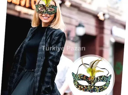 Siyah Kadife Üzeri Rengarenk Payetli Pullu Sarı Tüylü Sarı Taşlı Parti Maskesi 19x21 cm