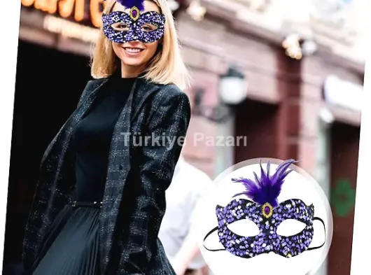 Siyah Kadife Üzeri Rengarenk Payetli Pullu Mor Tüylü Mor Taşlı Parti Maskesi 19x21 cm
