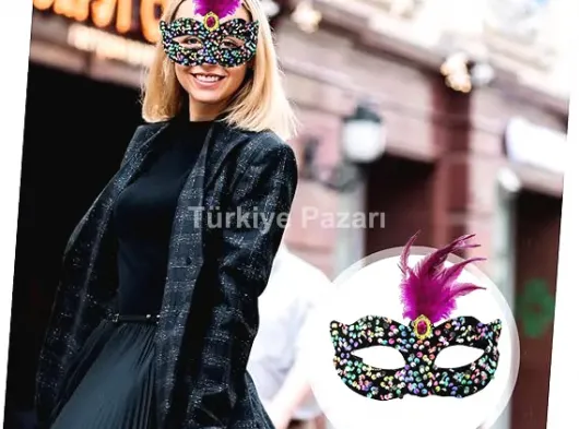Siyah Kadife Üzeri Rengarenk Payetli Pullu Pembe Tüylü Pembe Taşlı Parti Maskesi 19x21 cm