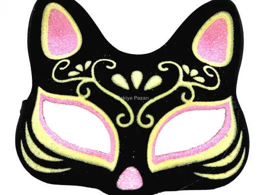 Siyah Renk Süet Kaplama Üzeri Pembe Sarı Simli Kedi Maskesi 17x14 cm