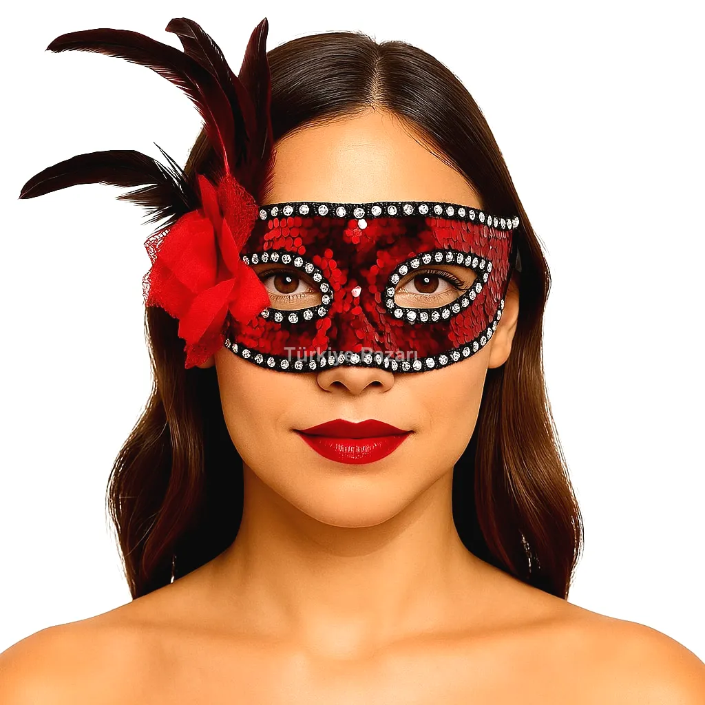 Kırmızı Renk Yandan Tüylü Güllü Gümüş Taşlı Pullu Maske 20x22 cm