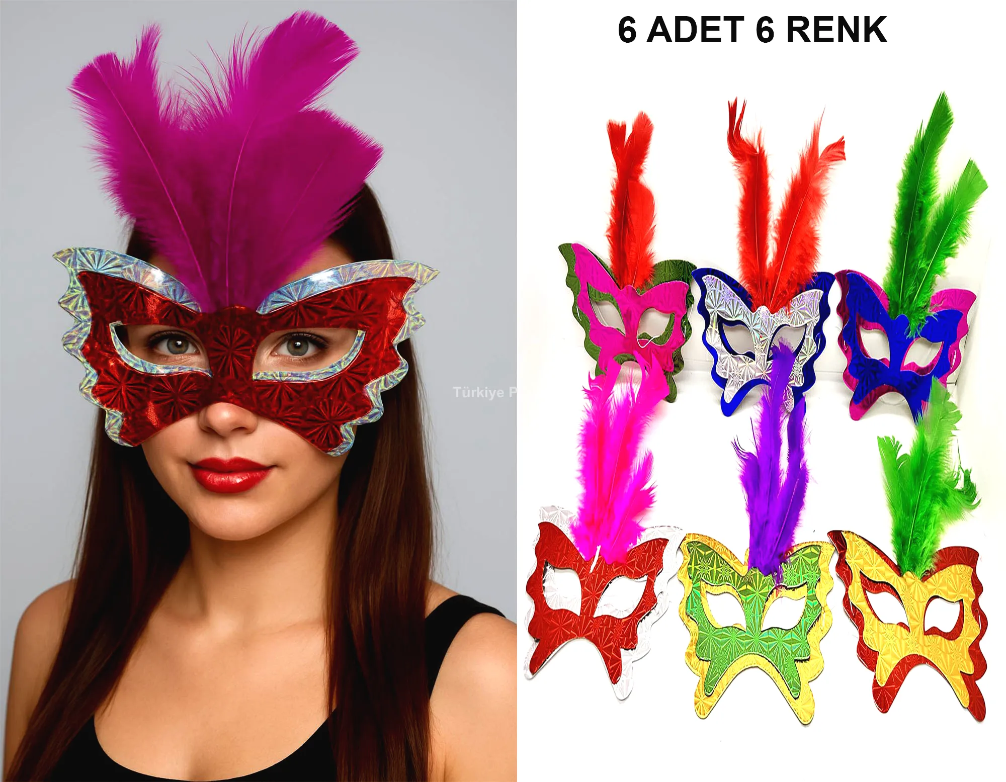 Renkli Parti Maskesi 6 lı | Tüylü Karton Maske Seti (Lastikli)