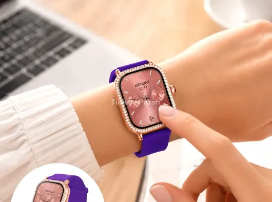 Pembe Mor ve Metal Kordonlu Akıllı Saat Hediye Seti