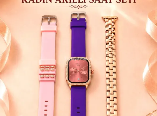3 Kordonlu Rose Gold Kasalı Kadın Akıllı Saat Seti