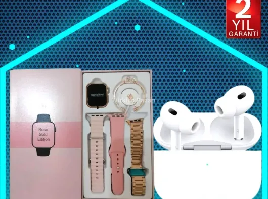 3 Kordonlu Pembe Amoled Ekran Akıllı Saat ve Yeni Nesil Pro Kablosuz Bluetooth Kulaklık ANC/ENC