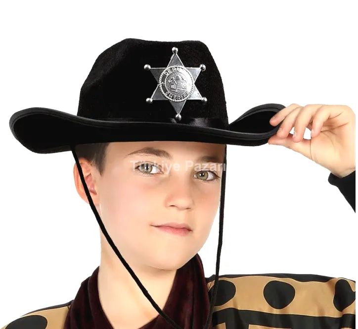 Çocuk Kovboy Şapkası Sheriff Şapkası Siyah Renk