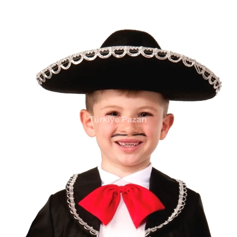 Gümüş Renk Şeritli Meksika Mariachi Latin Şapkası 55 cm Çocuk