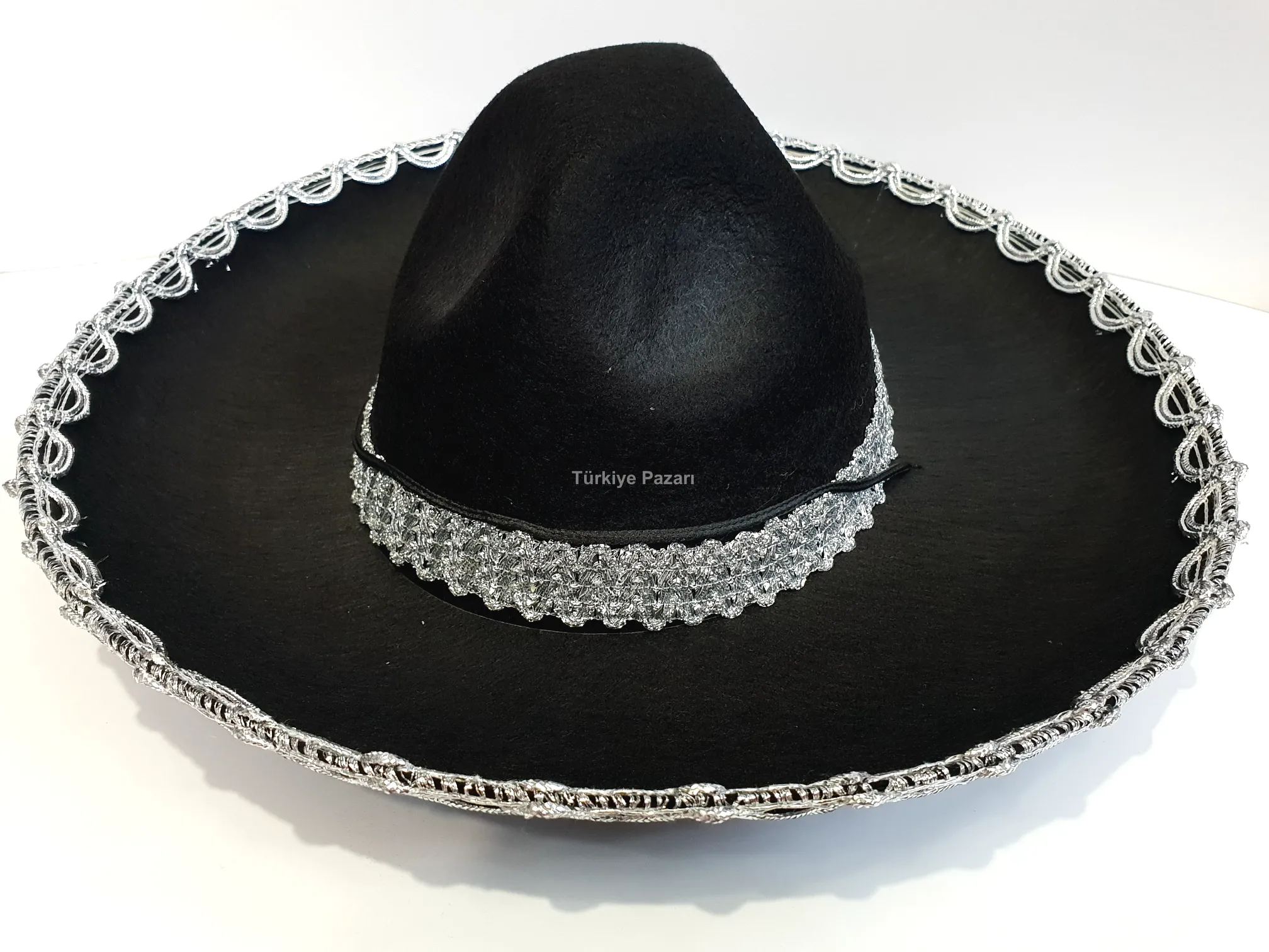 Gümüş Renk Şeritli Meksika Mariachi Latin Şapkası 55 cm Çocuk