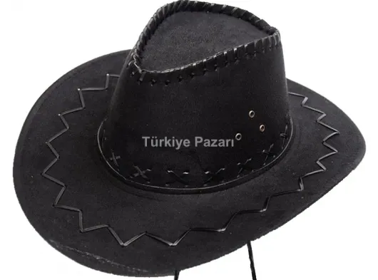 Bağcıklı Çocuk Boy Nubuk Süet Kovboy Şapkası Siyah Renk