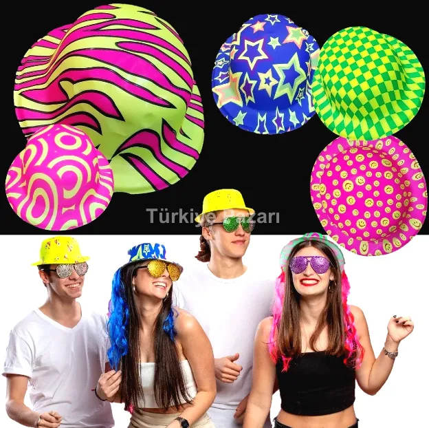Farklı Desenlerde Plastik Neon UV Işık Parti Şapkası 1 Adet