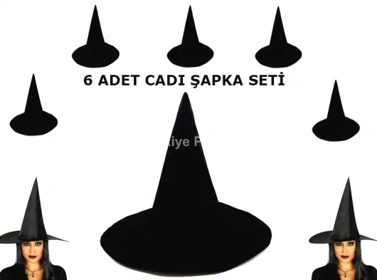 Siyah Cadı Şapkası Keçe Yetişkin Boy 6 Adet