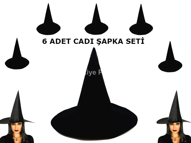 Siyah Cadı Şapkası Keçe Yetişkin Boy 6 Adet