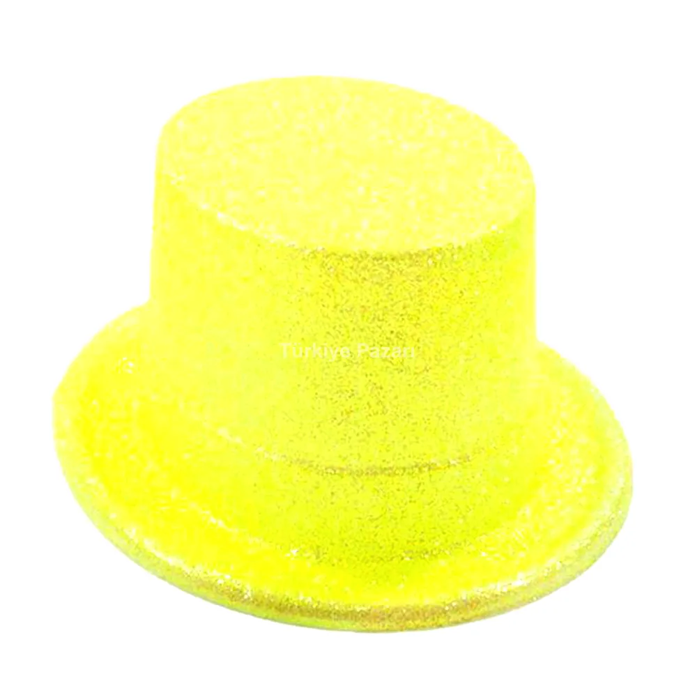 Floresan Sarı Renk Simli Uzun Fötr Melon Şapka 12 cm