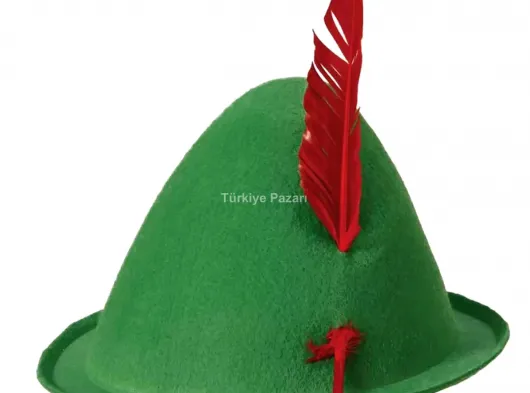 Yeşil Renk Kırmızı Tüylü Peter Pan Şapkası Robin Hood Şapkası 24X23 cm