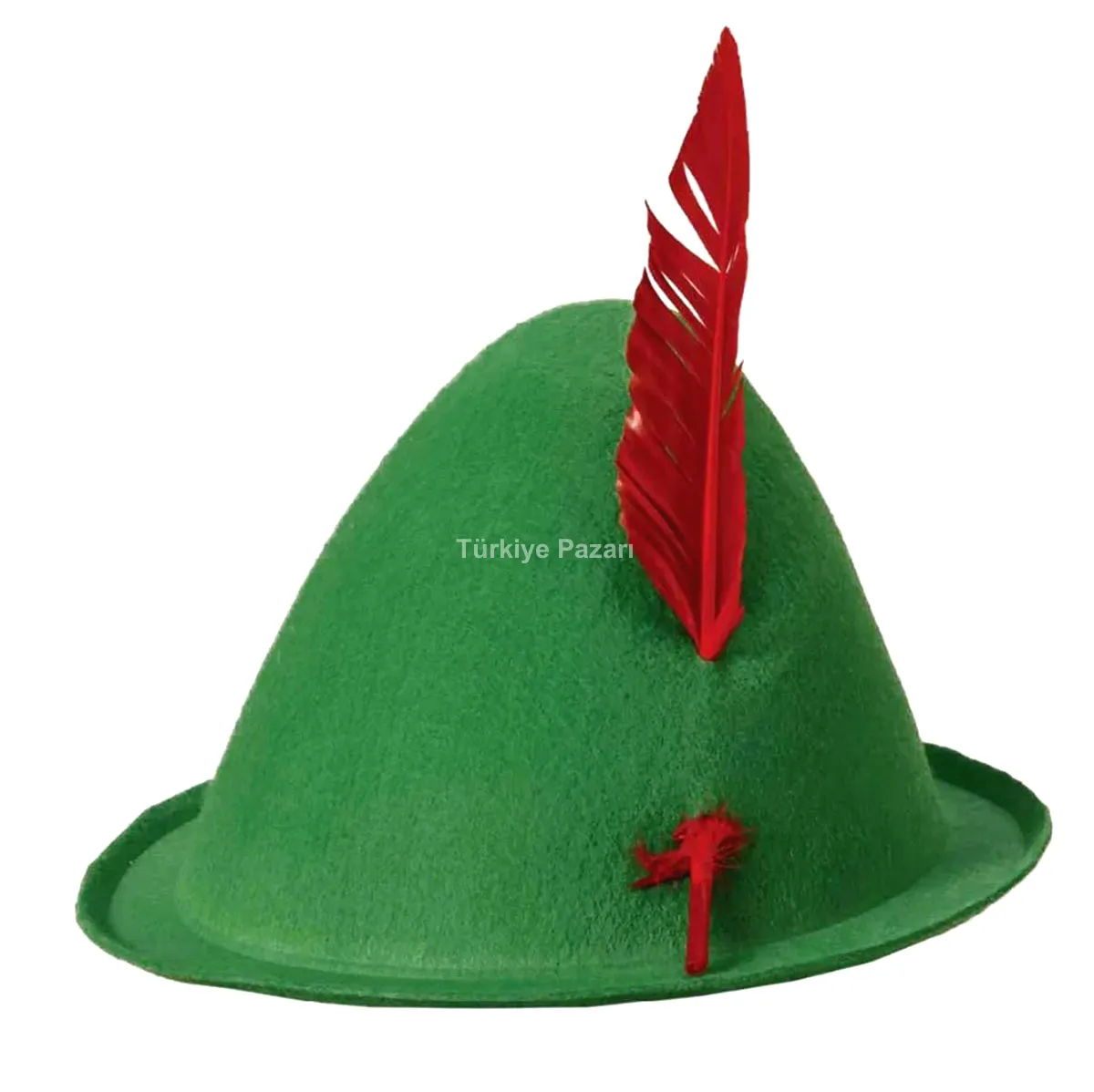 Yeşil Renk Kırmızı Tüylü Peter Pan Şapkası Robin Hood Şapkası 24X23 cm
