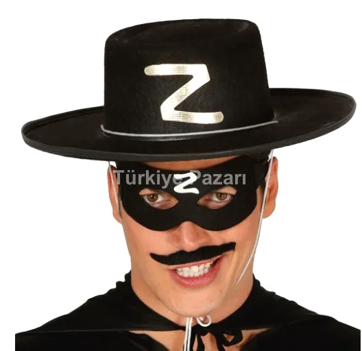 Z Logolu Yetişkin Zorro Şapkası ve Zorro Maskesi