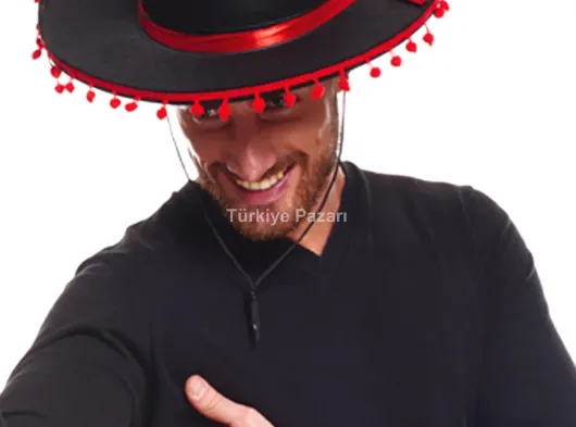 Kırmızı Ponponlu Siyah Renk Yetişkin İspanyol Şapkası
