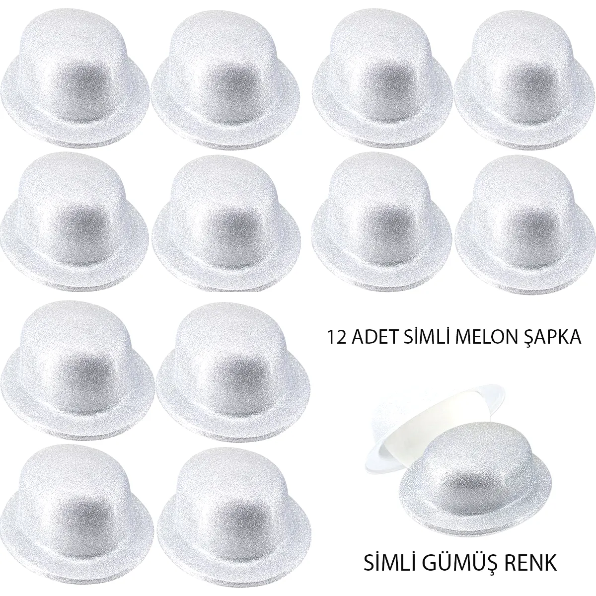 Gümüş Renk Simli Melon Yuvarlak Parti Şapkası 12 Adet