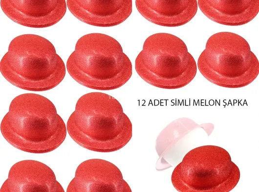 Kırmızı Renk Simli Melon Yuvarlak Parti Şapkası 12 Adet