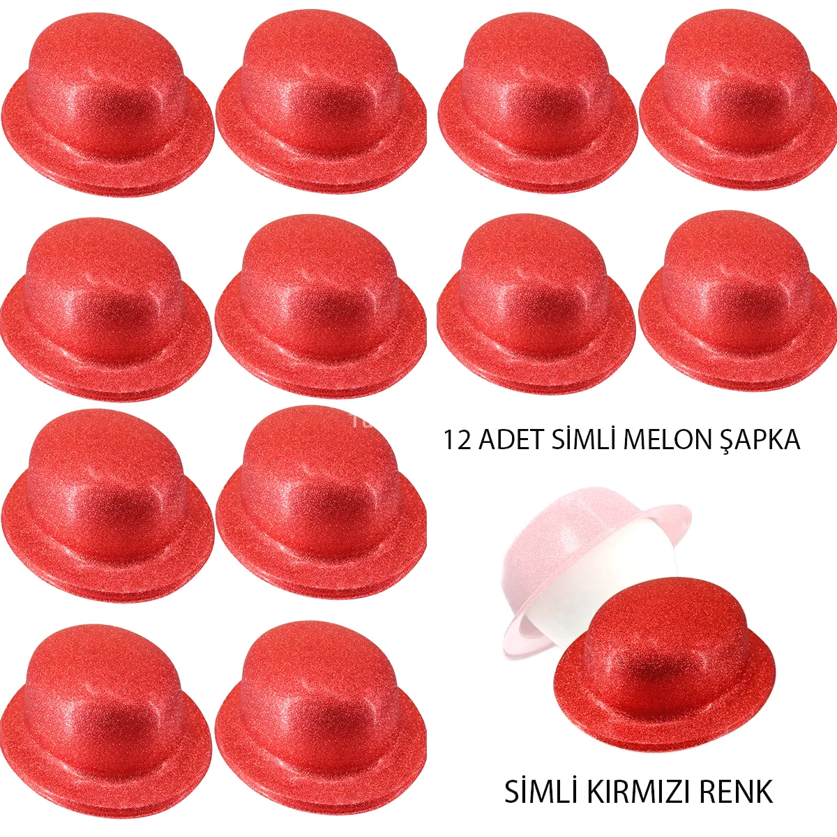 Kırmızı Renk Simli Melon Yuvarlak Parti Şapkası 12 Adet