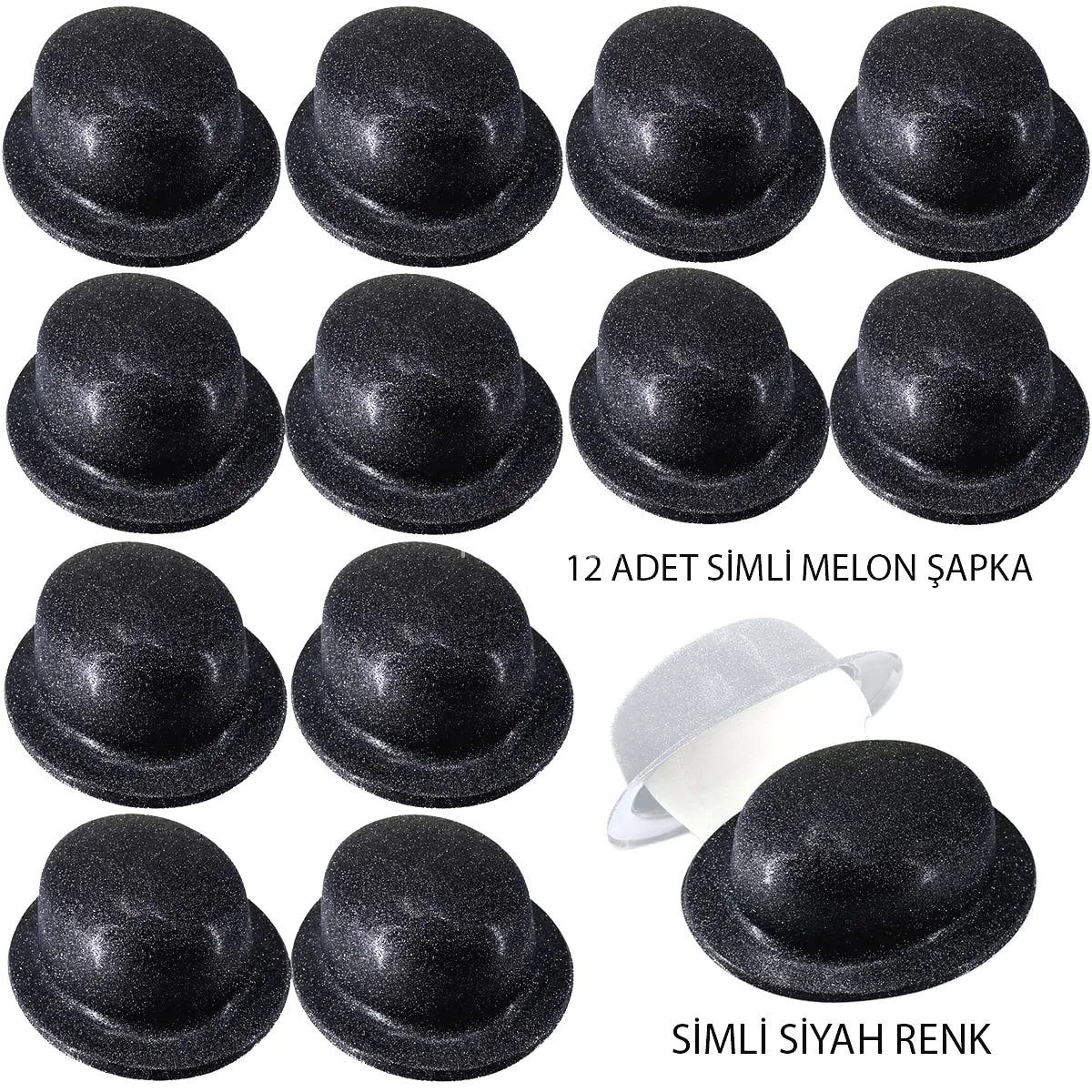 Siyah Renk Simli Melon Yuvarlak Parti Şapkası 12 Adet