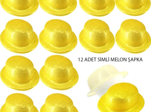 Altın Renk Simli Melon Yuvarlak Parti Şapkası 12 Adet