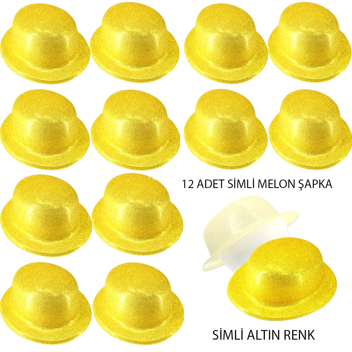Altın Renk Simli Melon Yuvarlak Parti Şapkası 12 Adet