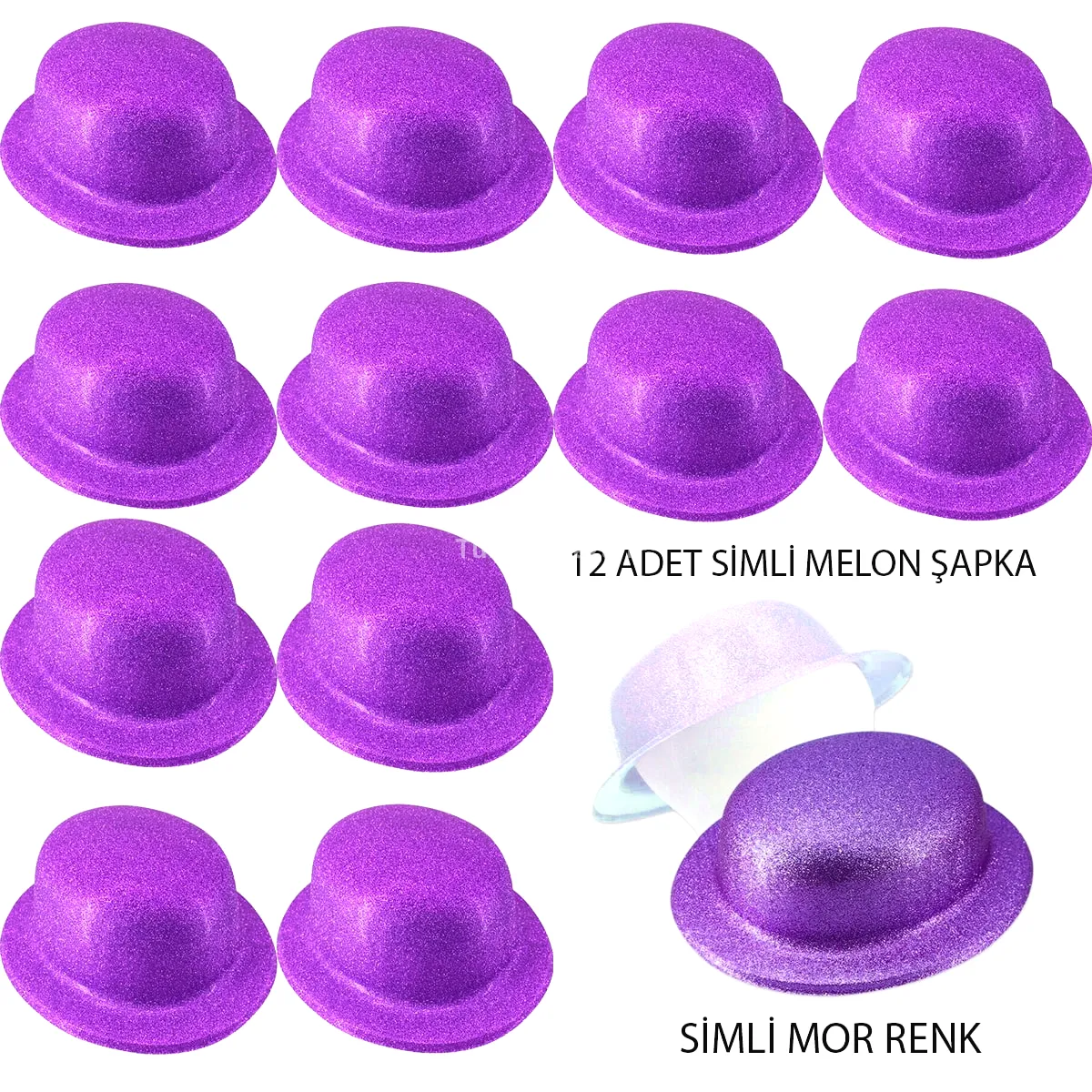 Mor Renk Simli Melon Yuvarlak Parti Şapkası 12 Adet