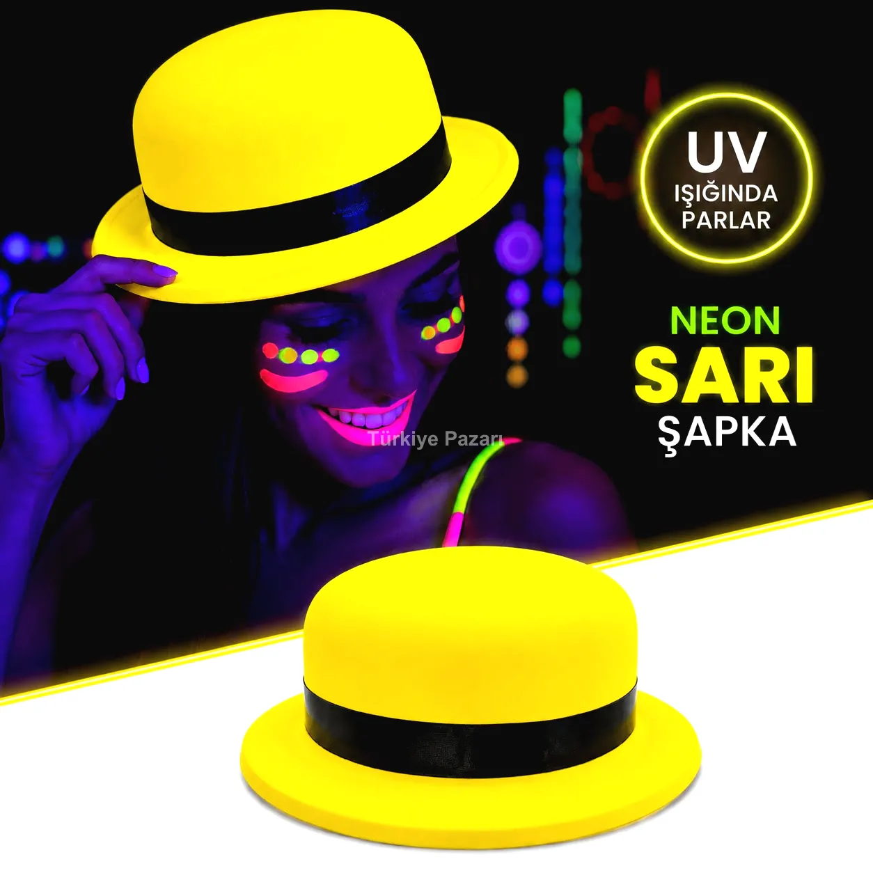 Neon Sarı UV Parti Şapkası Plastik