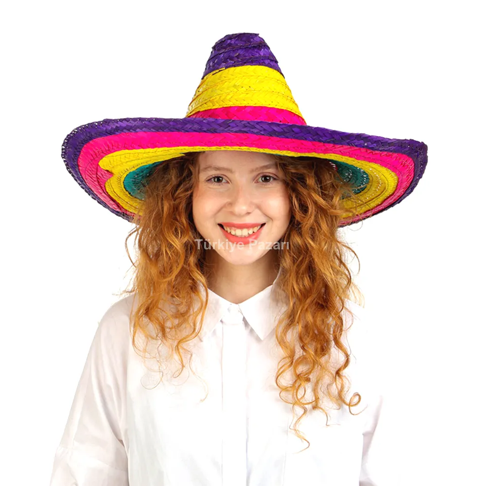 Sombrero Meksika Şapkası Renkli Örme Hasır Çocuk Boy