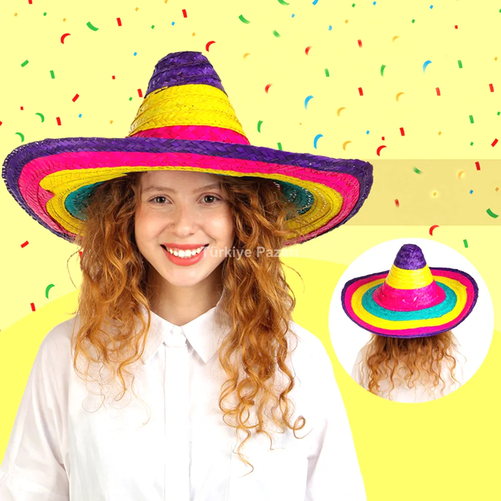 Sombrero Meksika Şapkası Renkli Örme Hasır Çocuk Boy