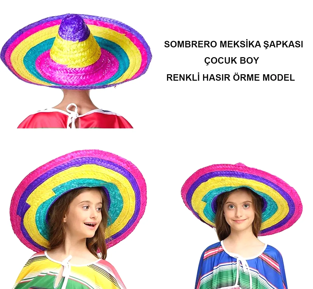 Sombrero Meksika Şapkası Renkli Örme Hasır Çocuk Boy