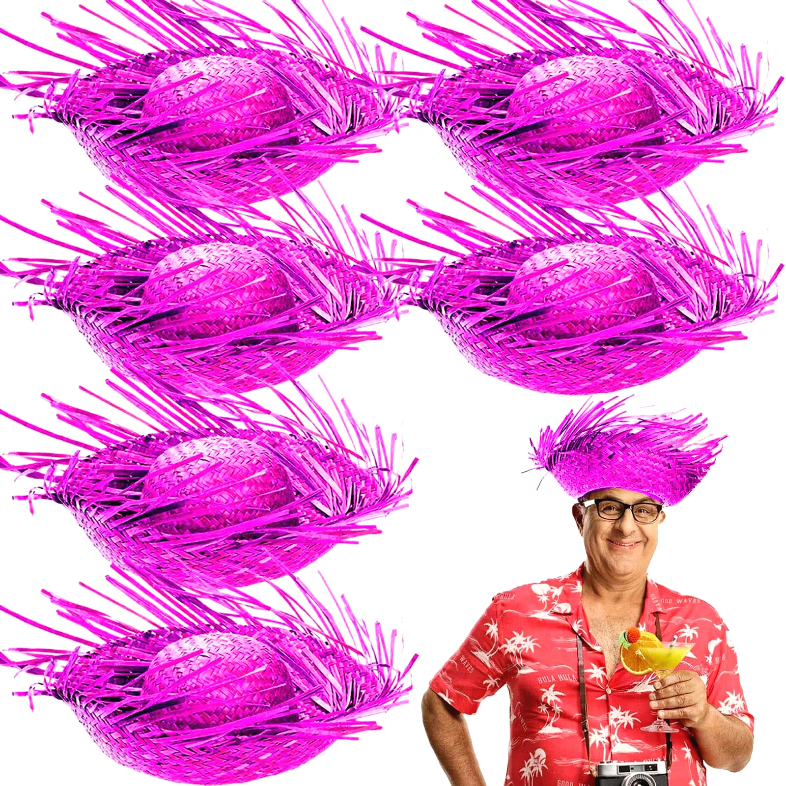 Tropikal Parti Pembe Fuşya Hasır Hawaii Şapkası 13x36 cm