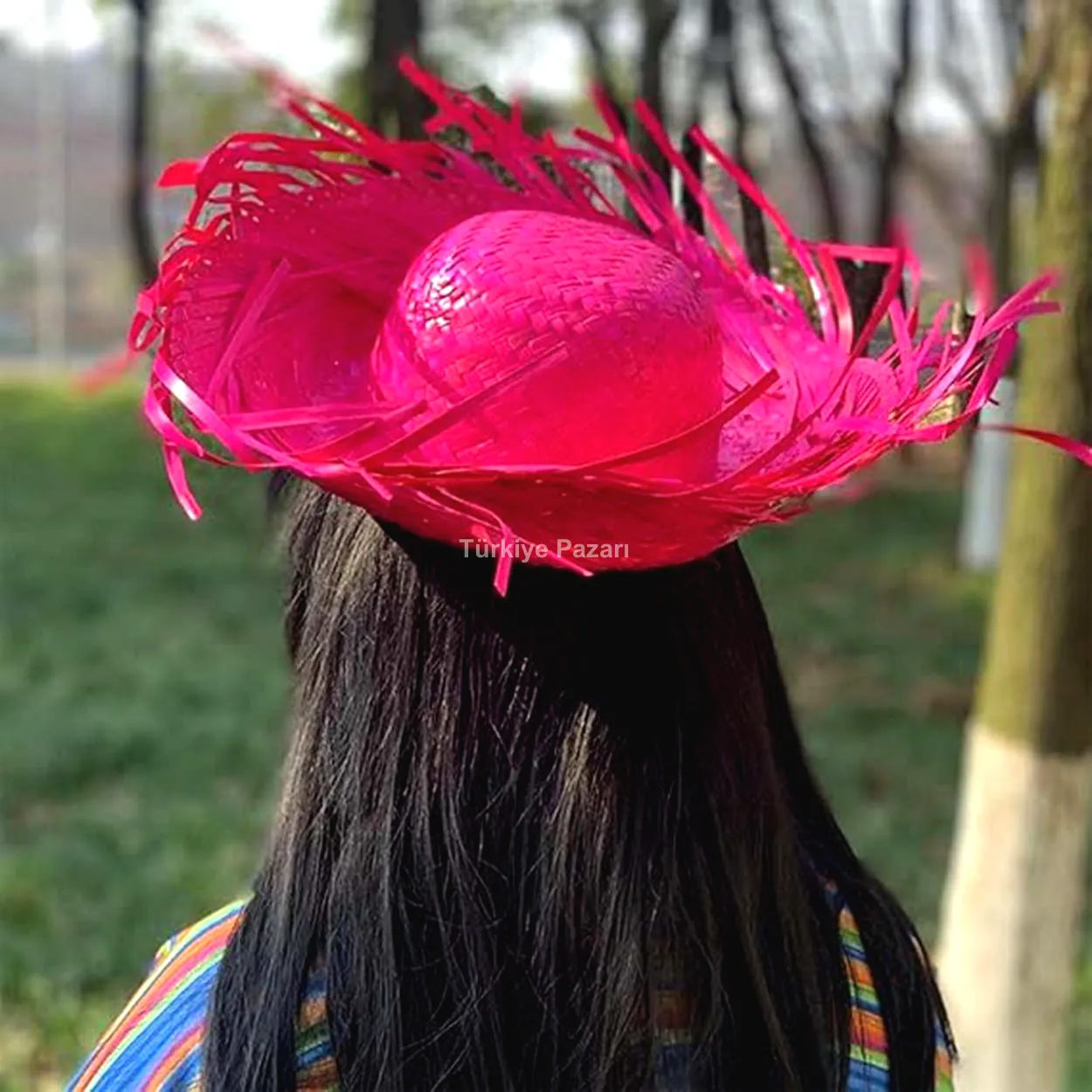Tropikal Parti Pembe Fuşya Hasır Hawaii Şapkası 13x36 cm