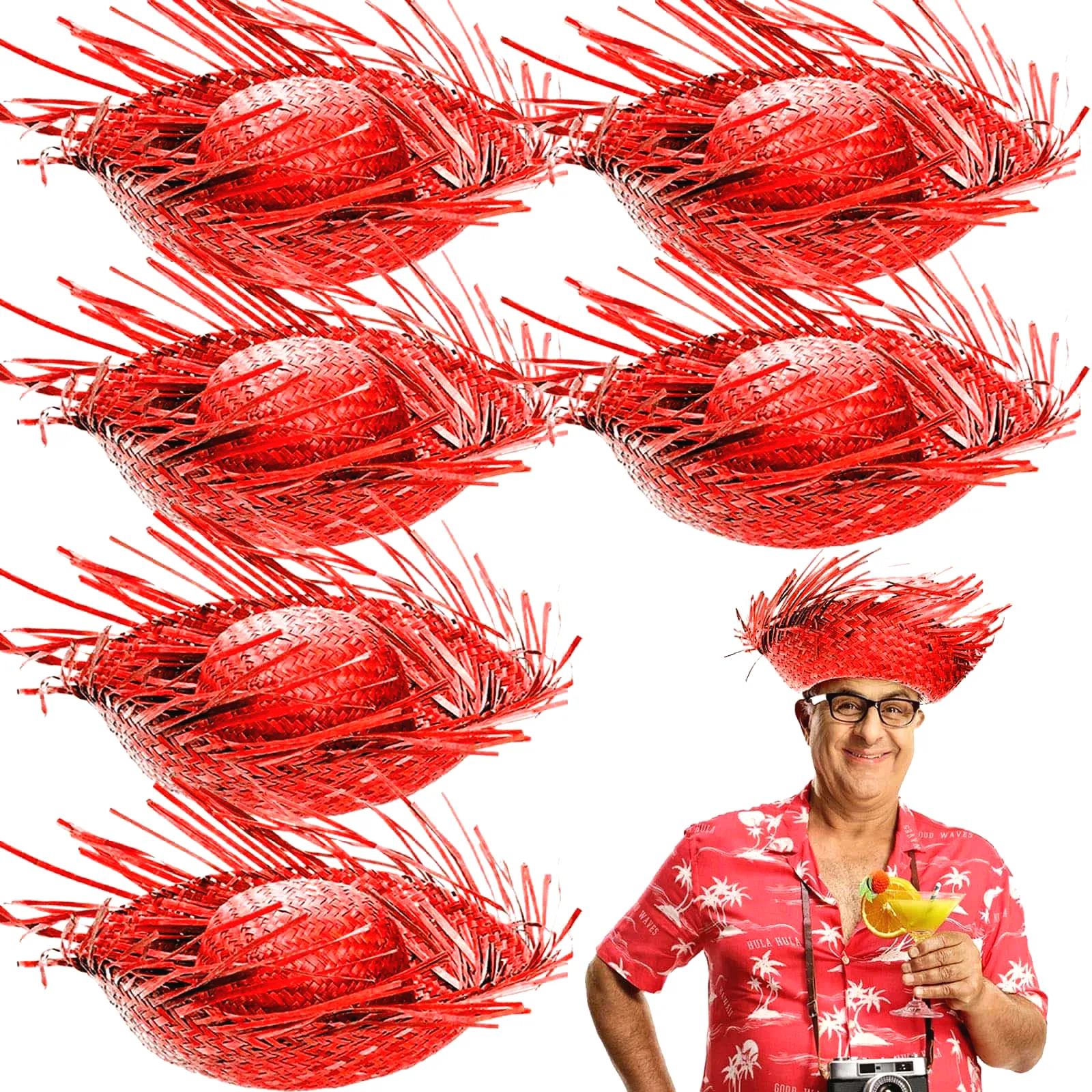 Tropikal Parti Kırmızı Hasır Hawaii Şapkası 13x36 cm