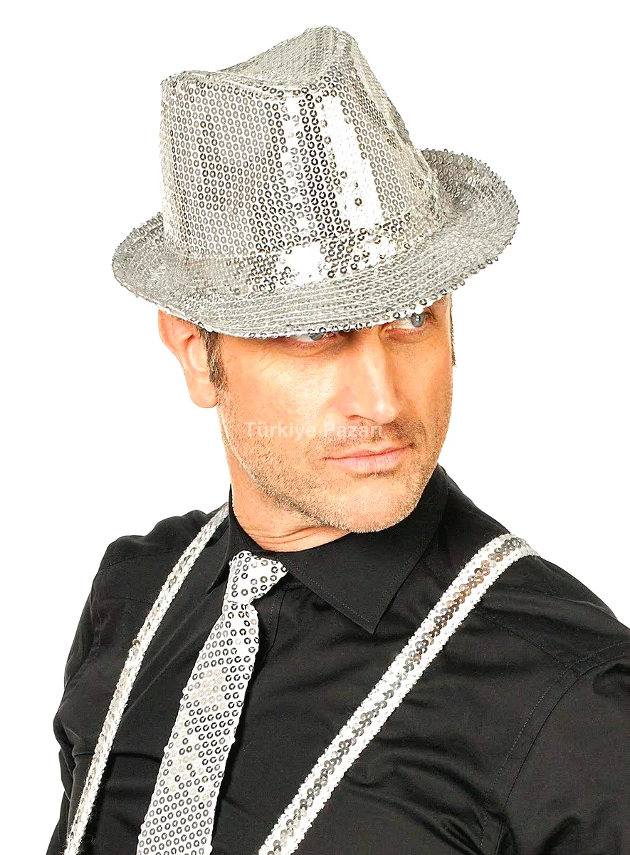Disko Star Gümüş Payetli Fötr Şapka Yetişkin Boy