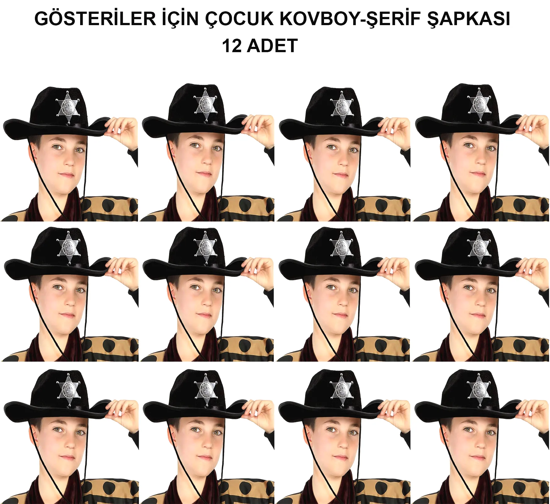 Kovboy Şerif Şapkası Siyah 12 Adet - Kostüm, Parti ve Gösteri Şapkası