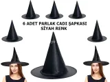 Siyah Renk Parlak Dralon Cadı Şapkası Yetişkin ve Çocuk Uyumlu 6 Adet