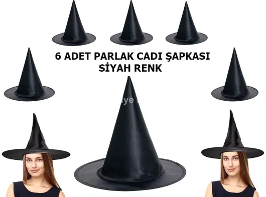 Siyah Renk Parlak Dralon Cadı Şapkası Yetişkin ve Çocuk Uyumlu 6 Adet