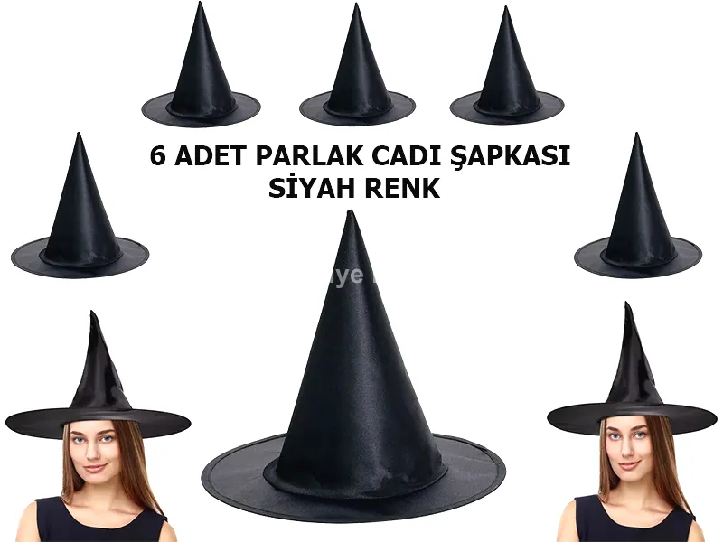 Siyah Renk Parlak Dralon Cadı Şapkası Yetişkin ve Çocuk Uyumlu 6 Adet