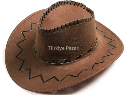 Bağcıklı Çocuk Boy Nubuk Süet Kovboy Şapkası Koyu Kahve Renk